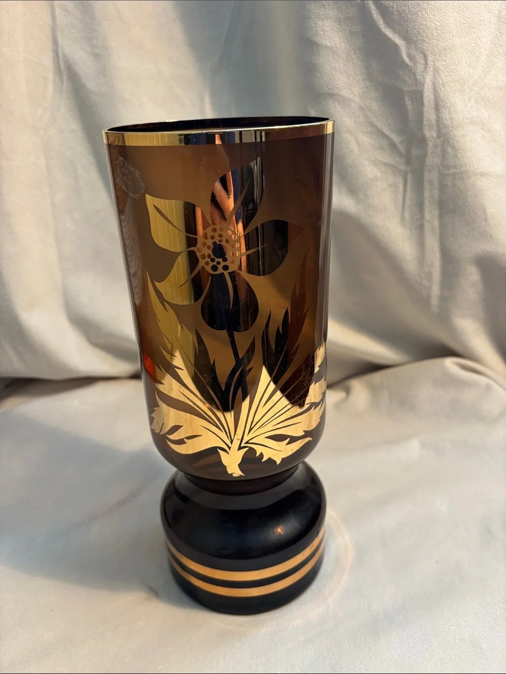 MCM Vase with Gold Floral Detail likely Czech Beautiful Smoky Glass Unique Shape